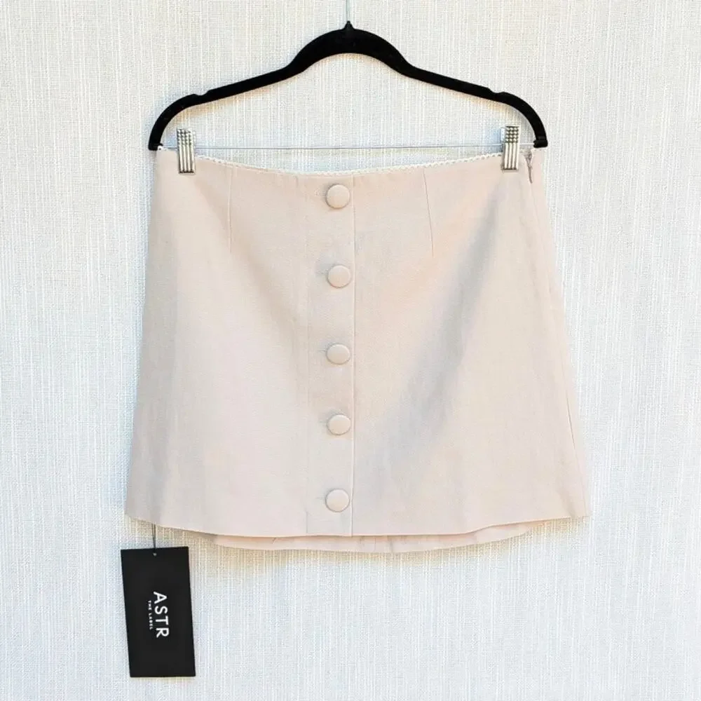 ASTR Cailey Crochet Trim Button-Front Mini Skirt Womens L Natural A-line NWT